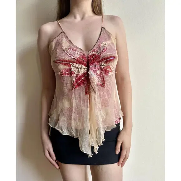 Pink Mesh Beaded Flower Cami Top - Picture 2 of 5